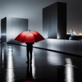 Mann mit rotem Regenschirm am Hafen-01